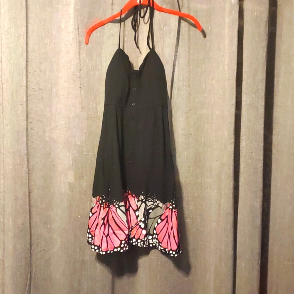 Sleevless dress in black with pink and gray monarch butterfly detail